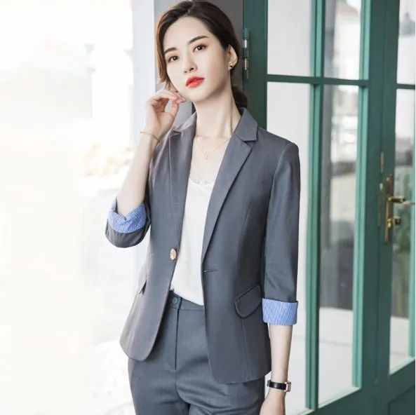 Korean Style Ladies Two Piece Trouser Suits Black Gray Womens Formal Set Work Pant Suits Tuxedo Pant Suit for Women Pantsuit 4XL Korean Style Ladies Two Piece Trouser Suits Black Gray Womens Formal Set Work Pant Suits Tuxedo Pant Suit for Women Pantsuit 4XL