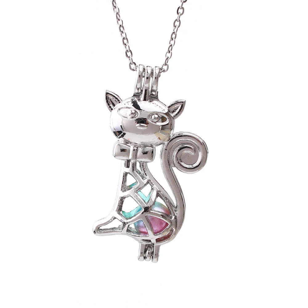 

1pc Silver Plated Sitting Cat Pearl Cages Necklace Jewelry Oyster Pearls Aroma Essential Oil Lockets Diffuser with Chain