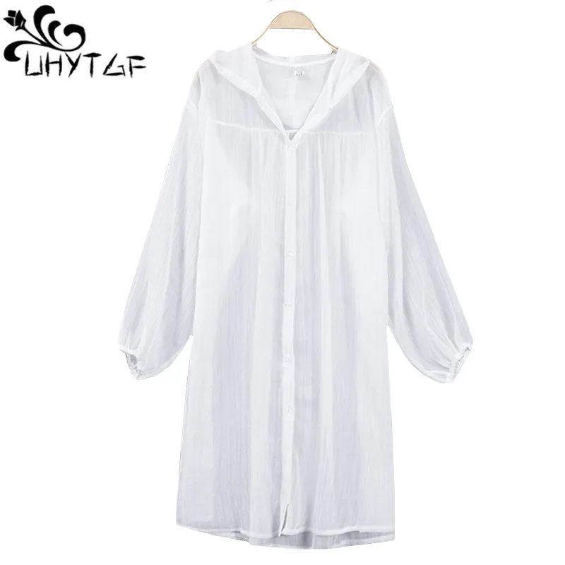 UHYTGF Fashion beach summer coat Womens Mid-length Hooded thin sunscreen clothing Loose Breathable plus size cardigan coats 456 | Женская