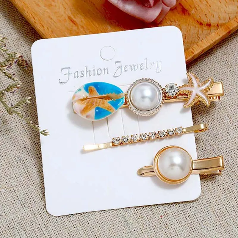 

2019 New Hot 3Pcs/Set Shell Starfish Pearl Hair Clips For Women Girls Handmade Crystal Hairpins Fashion Hair Jewelry