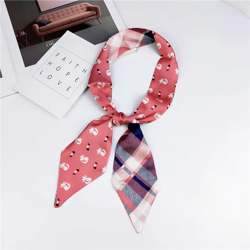 

2019 New Long Skinny Hair Neck Scarf Foulard Femme Ladies Animal Cat Plaid Silk Twill Scarves & Wraps for Bag Handle Ribbons