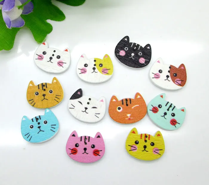 100Pcs 20x16mm Mixed Animal Cute Cat Sewing Wooden Buttons For Clothes Crafts Decorative Needlework Scrapbooking DIY Accessories