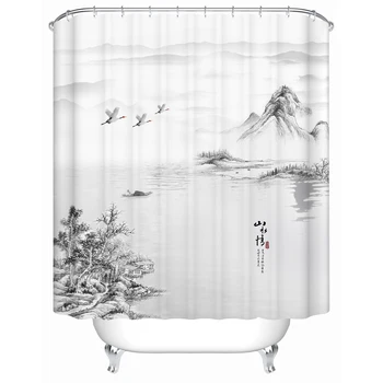 

OLOEY Traditional Chinese Ink Wash Painting Landscape Paintings Shower Curtain Black and White Artistic Conception with Hooks