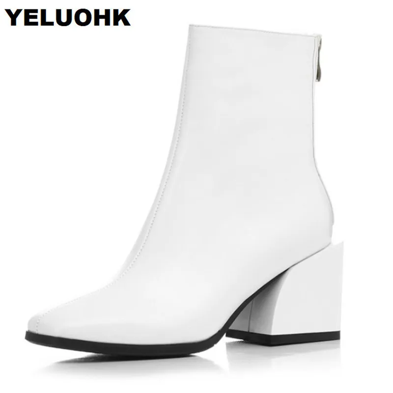 

Brand New Genuine Leather Boots Women Shoes Square Toe Ankle Boots For Women Fashion Mid Heel Autumn Shoes Woman High Heels