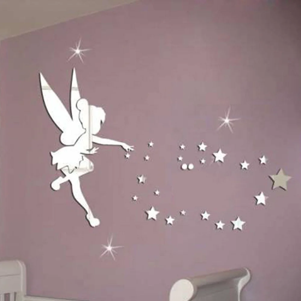 Us 10 92 9 Off Meya 26pcs Set Tinkerbell Fairy Wall Mirror Acrylic Mirrored Decorative Tinker Bell Wall Stickers Home Decoration Wall Art Paper In