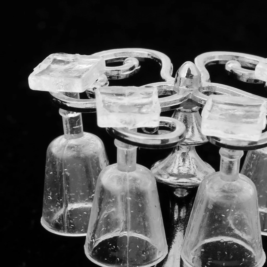 1/12 Dollhouse Miniature Bar Life Scenes Decor  - Silver Glass Wine Cup Holder & 4 Pieces Goblet Kits Kids Pretend Play Toy