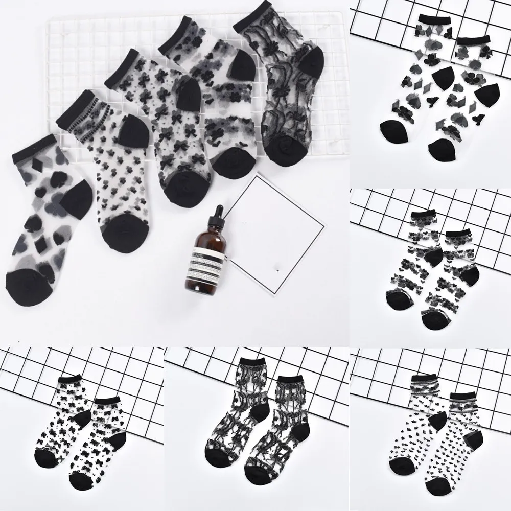 

Women Fashion Mesh Glass Silk Comfortable Lace Socks Ultrathin Transparent Crystal Summer Casual Socks Drop Shipping