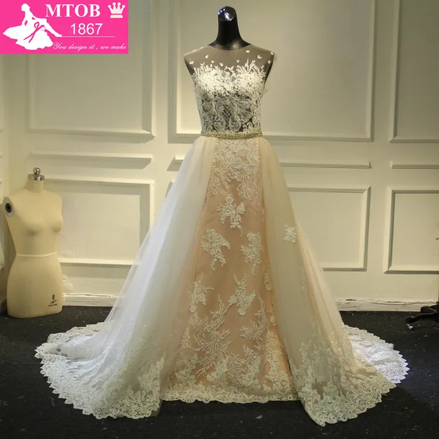 Fashionable Lace Wedding Dress 2017 Light Pink Removable Beading Fashionable Lace Wedding Dress 2017 Light Pink Removable Beading Sash Detachable Tail Chapel Train Robe De