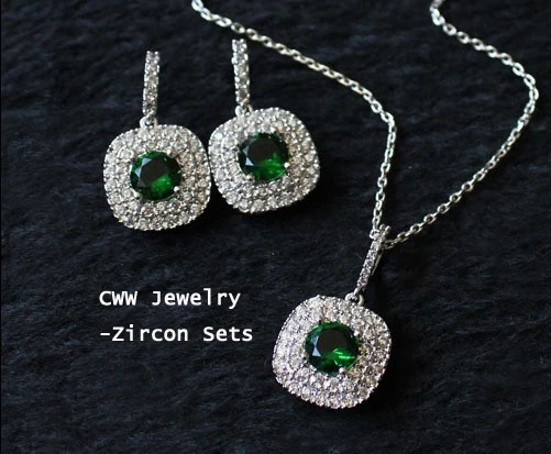 

CWWZircons 100% Top Quality Fashion Cubic Zirconia Jewelry Sets Round Shape Green Necklace Pendant and Earring for Women T023