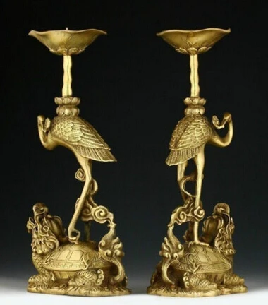 

Copper Brass CHINESE crafts Asian A Pair of Delicate Chinese Cranes Standing on Dragon Turtle Statue Candlesticks