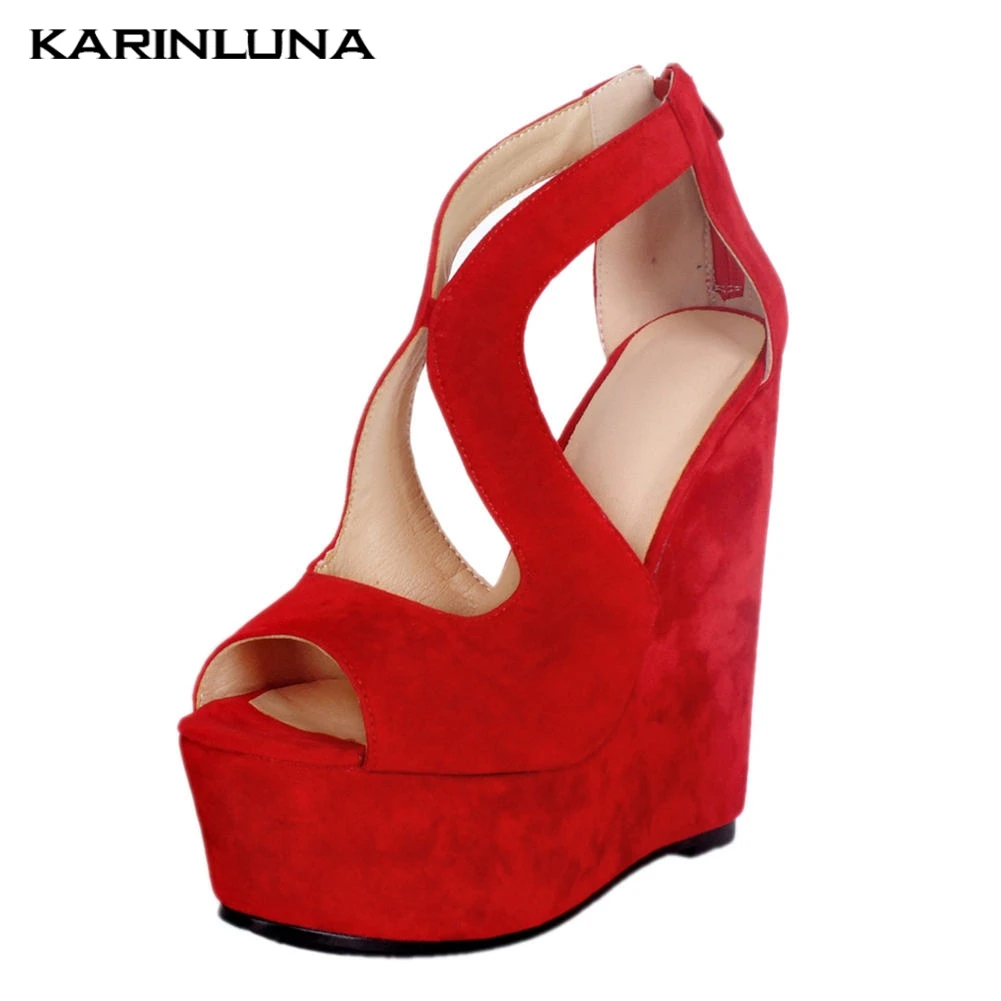 Karinluna/Большие размеры 47; пикантные женские туфли на платформе; Красные босоножки на танкетке; женские пикантные летние вечерние туфли на высоком каблуке; женские босоножки
