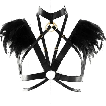 

Women Black Body Harness Feather Epaulettes Shoulder Wings Vintag Hollow Out Cage Bra Goth Angel Feather Wing Dance Rave Wear