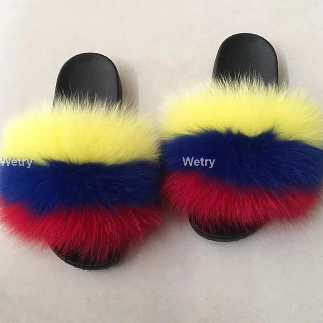 New Mixed Color Real Fox Fur Slippers Slides Casual Shoes Fluffy Slippers Flip Flops Furry Shoes Women
