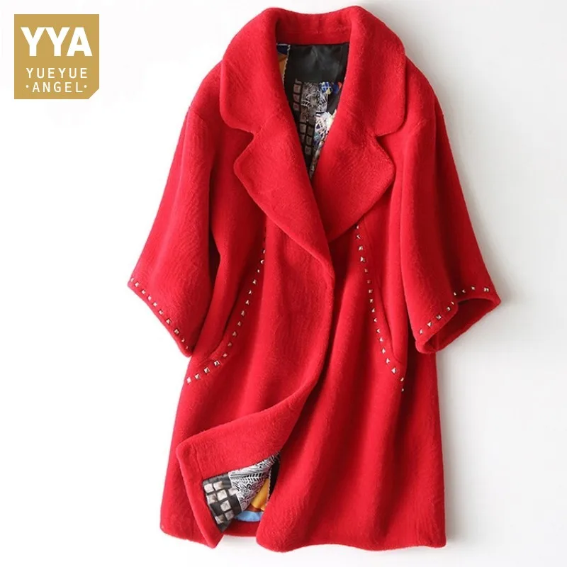 

2019 Luxury Fashion Winter Rivet Real Fur Coat Women Warm Natural Wool Jacket Overcoat Red Black Genuine Sheep Shearling Coats