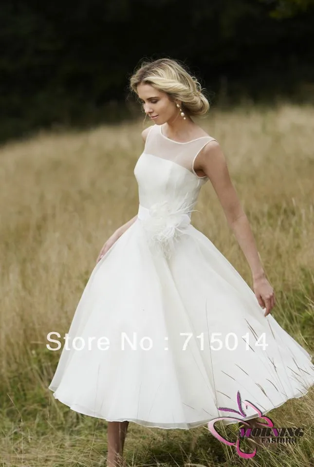 Custom Size 2014 Fashion Best Selling Ivory Lace A-line Knee Length organza sleeveless neck short wedding dress | Свадьбы и