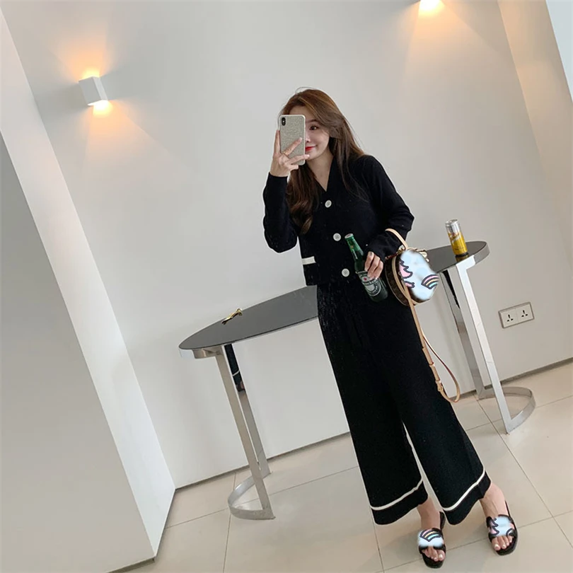 

Taotrees Knitted 2 Pieces Set Women Tracksuit Long Sleeve Single Breasted Cardigan and Wide Leg Pants Suit Women's Sets