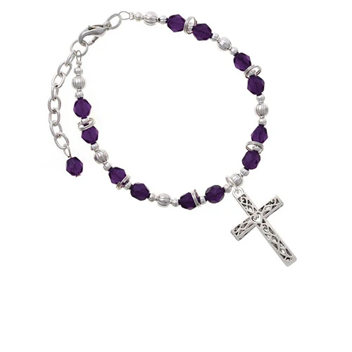 Silvertone Large Celtic Vine Cross Purple Beaded Bracelet