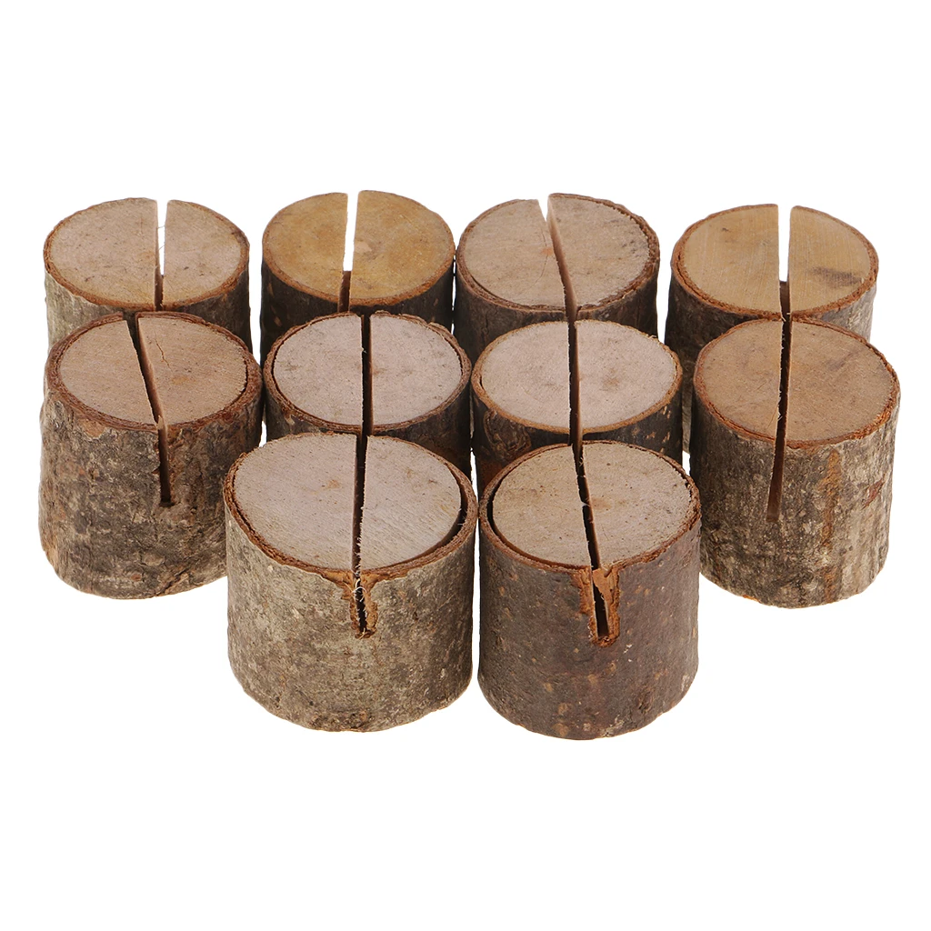 10x Vintage Wood Log Blocks Party Table Number Stand Place Name Card Holder Message Clips for Wedding Table Decoration