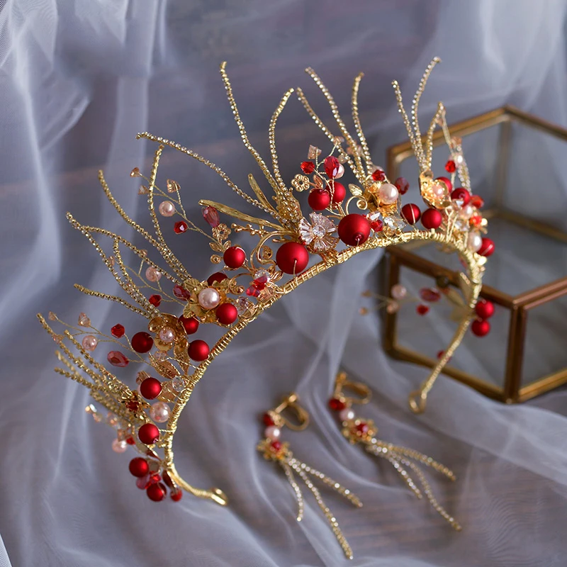 Himstory европейские барокко красные бусины свадебные диадемы корона ручной работы хрустальный обруч невесты ободок на голову с жемчугом праздничный аксессуар для волос