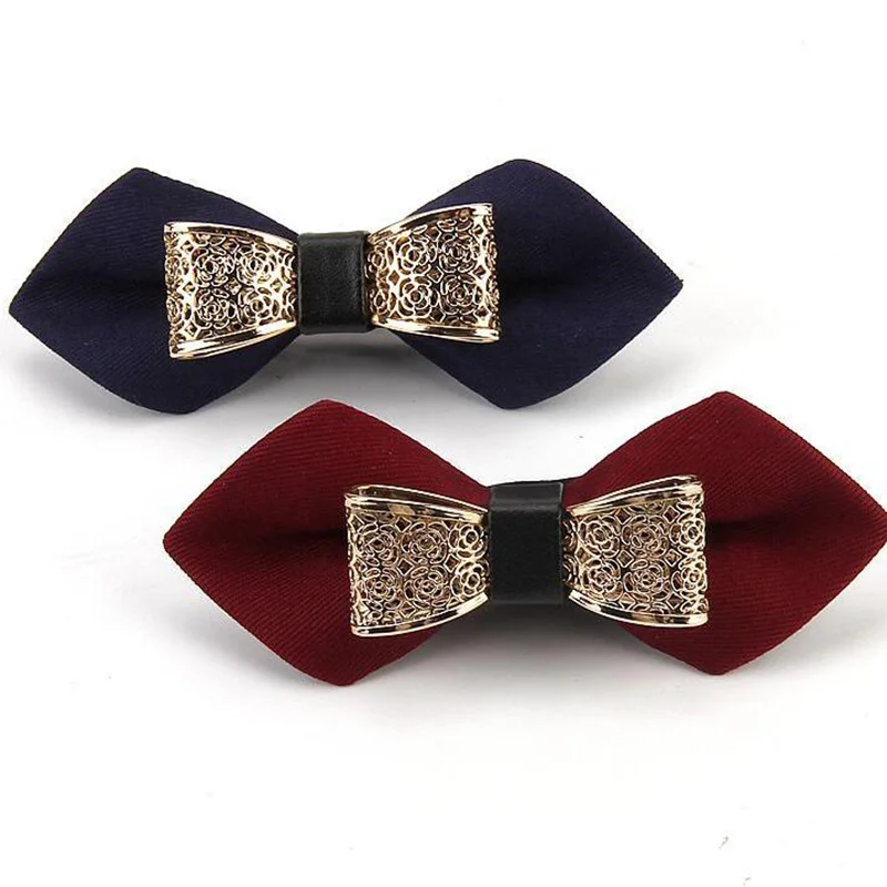 

RBOCOTT Men's Novelty Cotton Bow Tie Gold Alloy Hollow Flower Bowtie Solid Red Blue Sharp Corners Bow Ties For Men Wedding