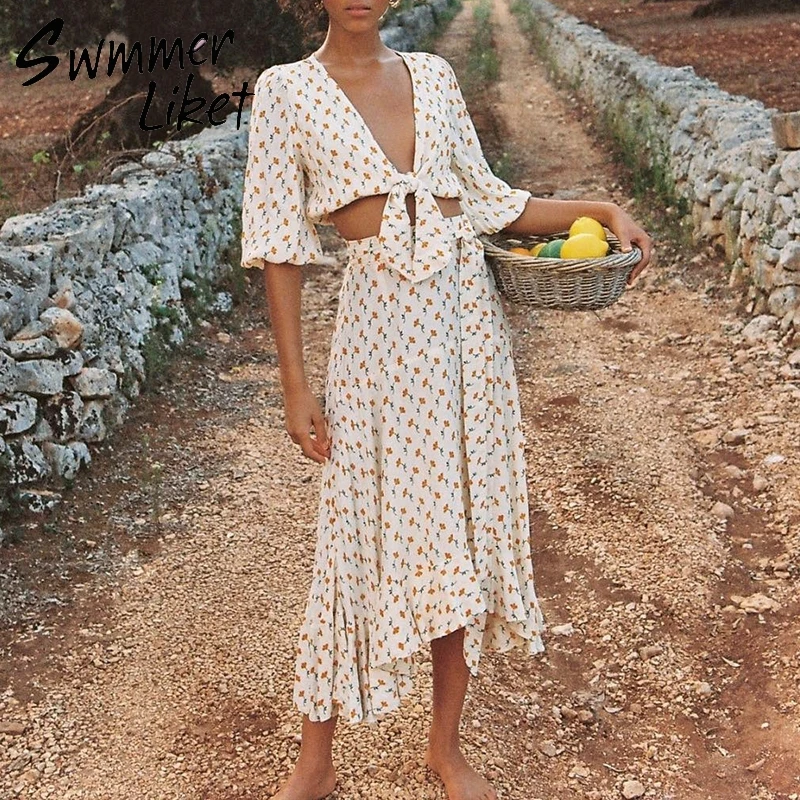 

Floral print vintage cover up V-neck sexy crop top Summer 2019 long beach dress women sarong Sexy beach wear swimsuit female new