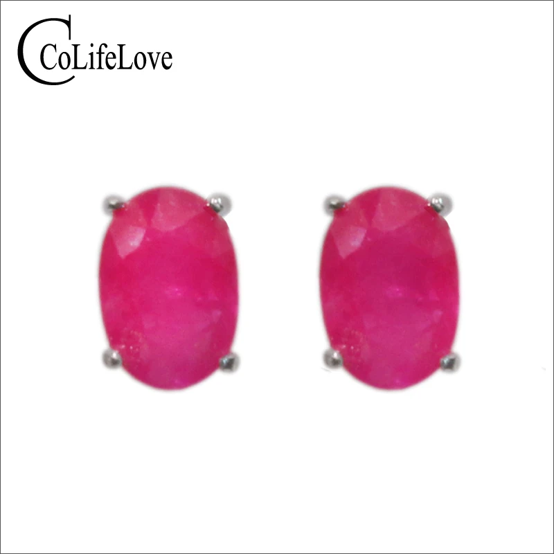 

Simple silver ruby stud earrings for wedding 4 mm * 6 mm natural ruby earrings solid 925 sterling silver ruby jewelry for office