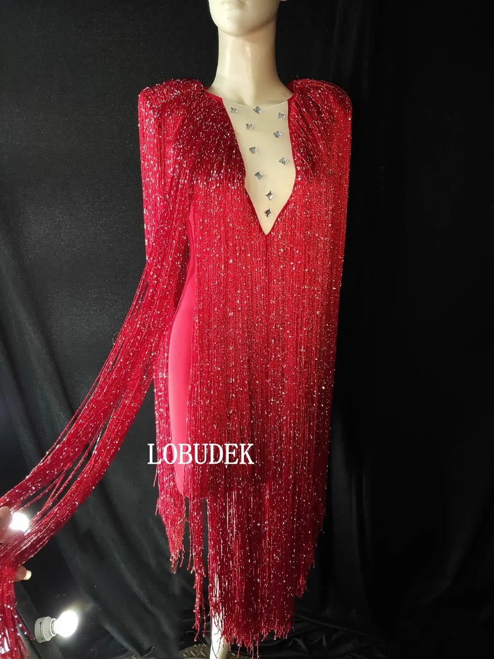 Зеленое/красное/розовое длинное платье с кисточками женский Звездный певец и ведущий вечерний костюм для выступлений платья с бахромой для ночного клуба