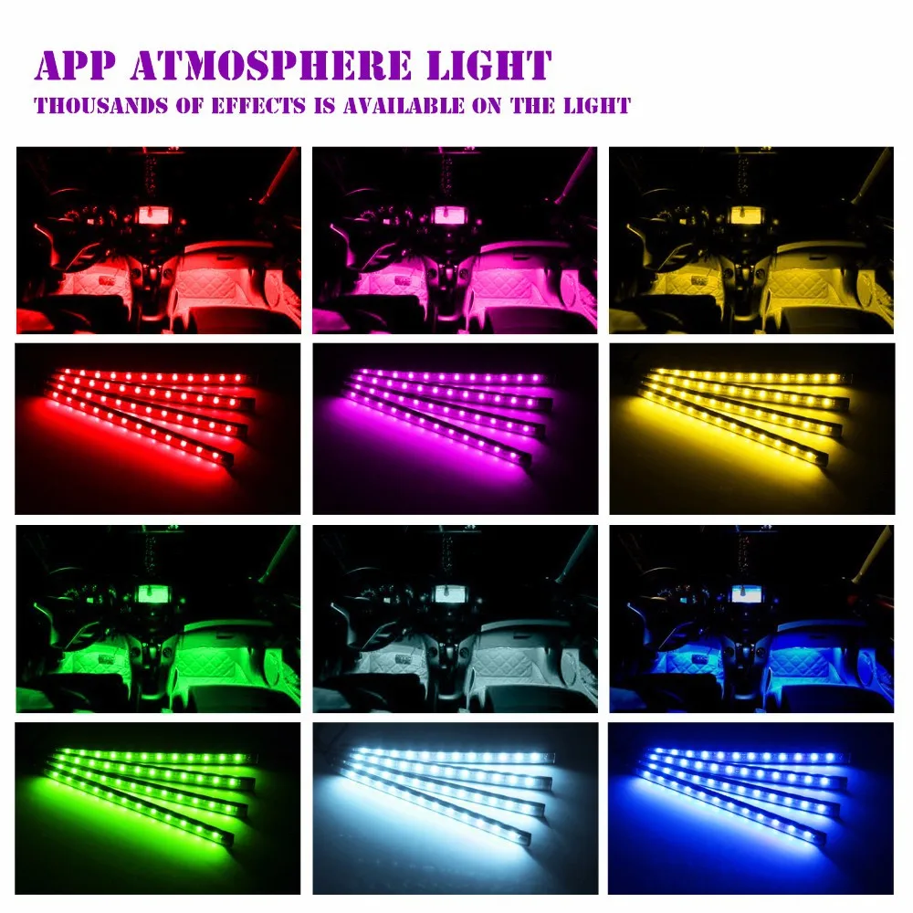 4x Car LED RGB Music Interior Atmosphere Floor Underdash Lighting RGB Music Control Strip Lights Kit Multicolor APP Bluetooth Controller for iPhone Android 1