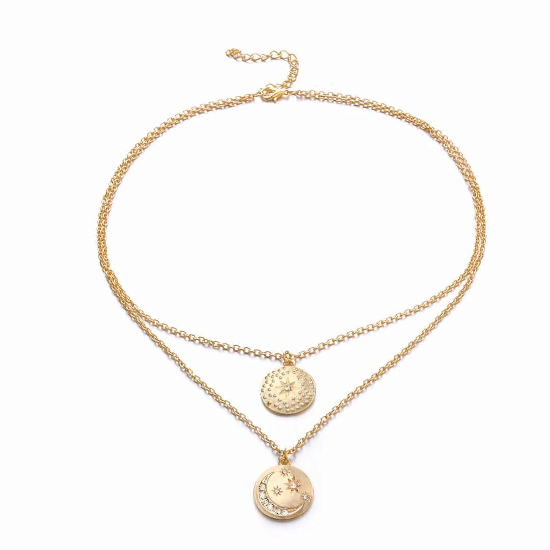Shellhard Gold Color Crystal Moon Sun Long Chain Necklace Vintage Women Drop Necklace Shellhard Beach Party Accessories bijoux