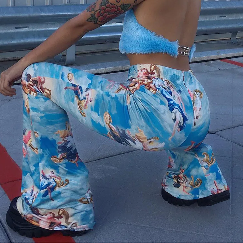 

Cupid Angel Print Boot Cut Pants Women Streetwear Blue Spring Autumn Vintage Slim Sexy High Waist Flared Trousers 2019