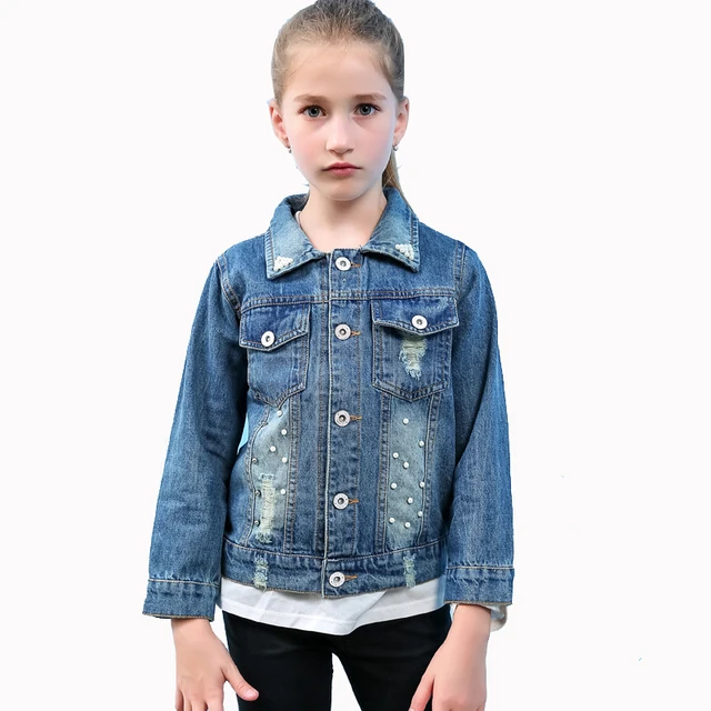 2018 New Spring Kids Girls Beading Denim Jacket For Children Clothes Girls Jacket Jeans Outwear