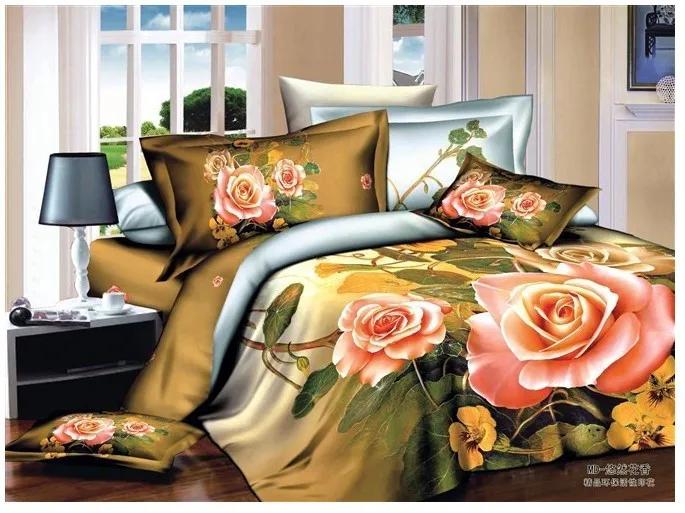 3D Yellow pink rose flower floral bedding comforter sets queen size