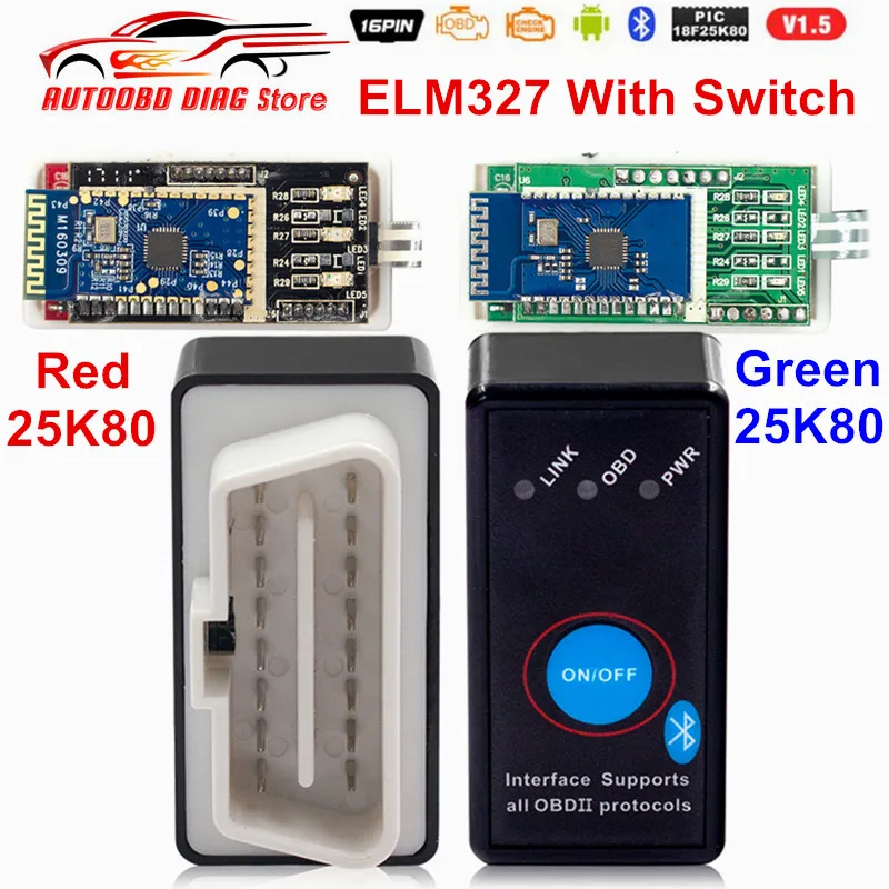 Автоматический диагностический инструмент Супер Мини ELM327 V1.5 с переключателем питания красный PIC18F25K80 чип ELM 327 OBD2 Bluetooth сканер код ридер