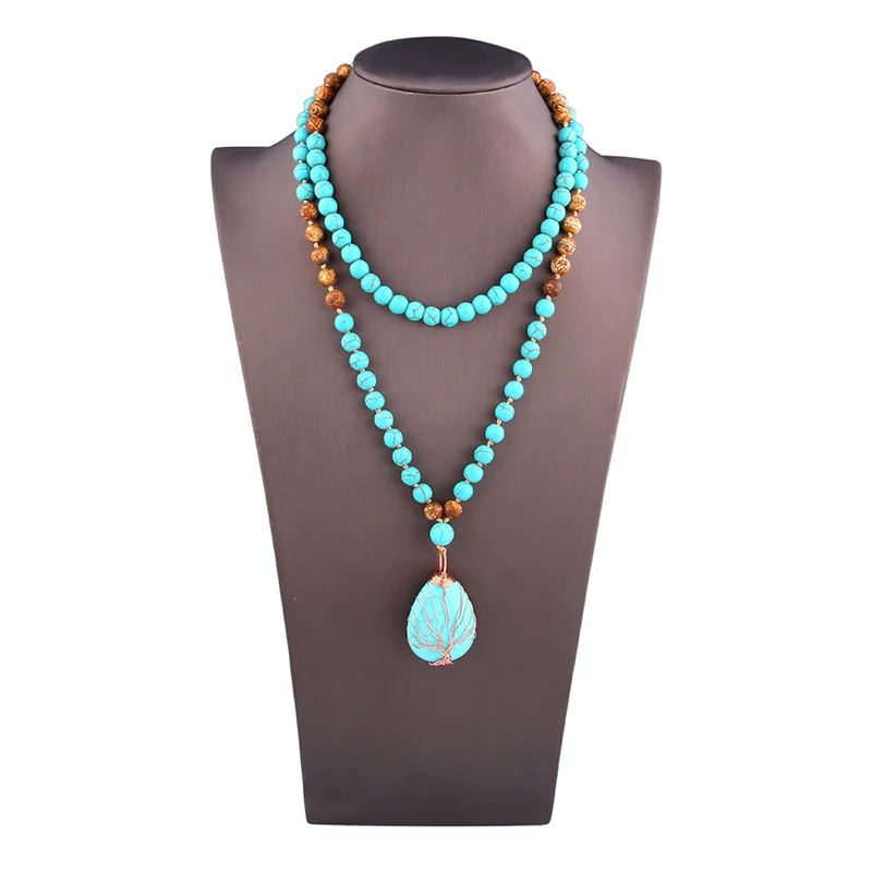 Длинное ожерелье с натуральным драгоценным камнем, голубой бирюзовый, новинка, модный стиль, мала-йога, молитва, удача, ожерелье для женщин, мужчин, ювелирное изделие, подарки