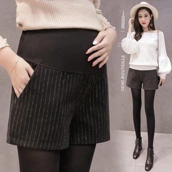 

1075# Autumn Winter Striped Woolen Maternity Shorts Elastic Waist Belly Shorts for Pregnant Women Thicken Warm Pregnancy Shorts