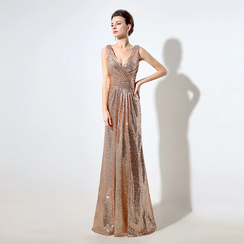 Sarahbridal 2016 New Rose Gold Evening Dress A Line V Neck Empire Long ...