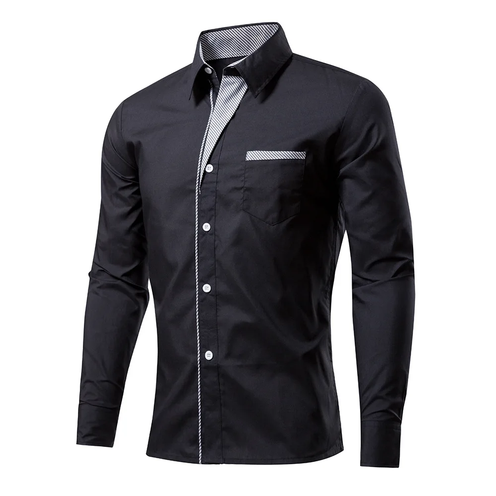 Качественная полосатая модная брендовая мужская рубашка с карманом, платье для борьбы, рубашка с длинным рукавом, облегающая Мужская рубашка, повседневные мужские рубашки, M-4XL - Цвет: Черный