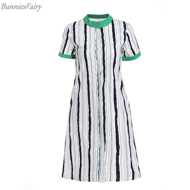 

BunniesFairy 2019 Summer Women Vertical Striped Geometric Print Mini Shirt Dress with Pockets Block Color Short Sleeve Loose