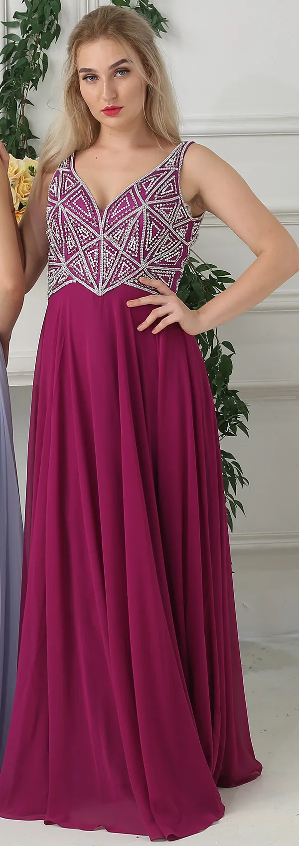 Sky Blue Chiffon Sexy Sleeveless Prom Dresses Beading Pearls V-Neck Beach Evening Gowns Real Photo LA6697 - Цвет: wine red