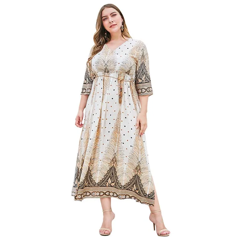 

WHZHM Bohemian Sashes Plus Size 3XL 4XL Printed Dress Women V-Neck A-Line Party Half Sleeve Beach Lacing Vestidos Dress Ladies