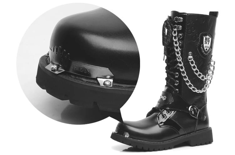 militar alta botas meados de bezerro metal