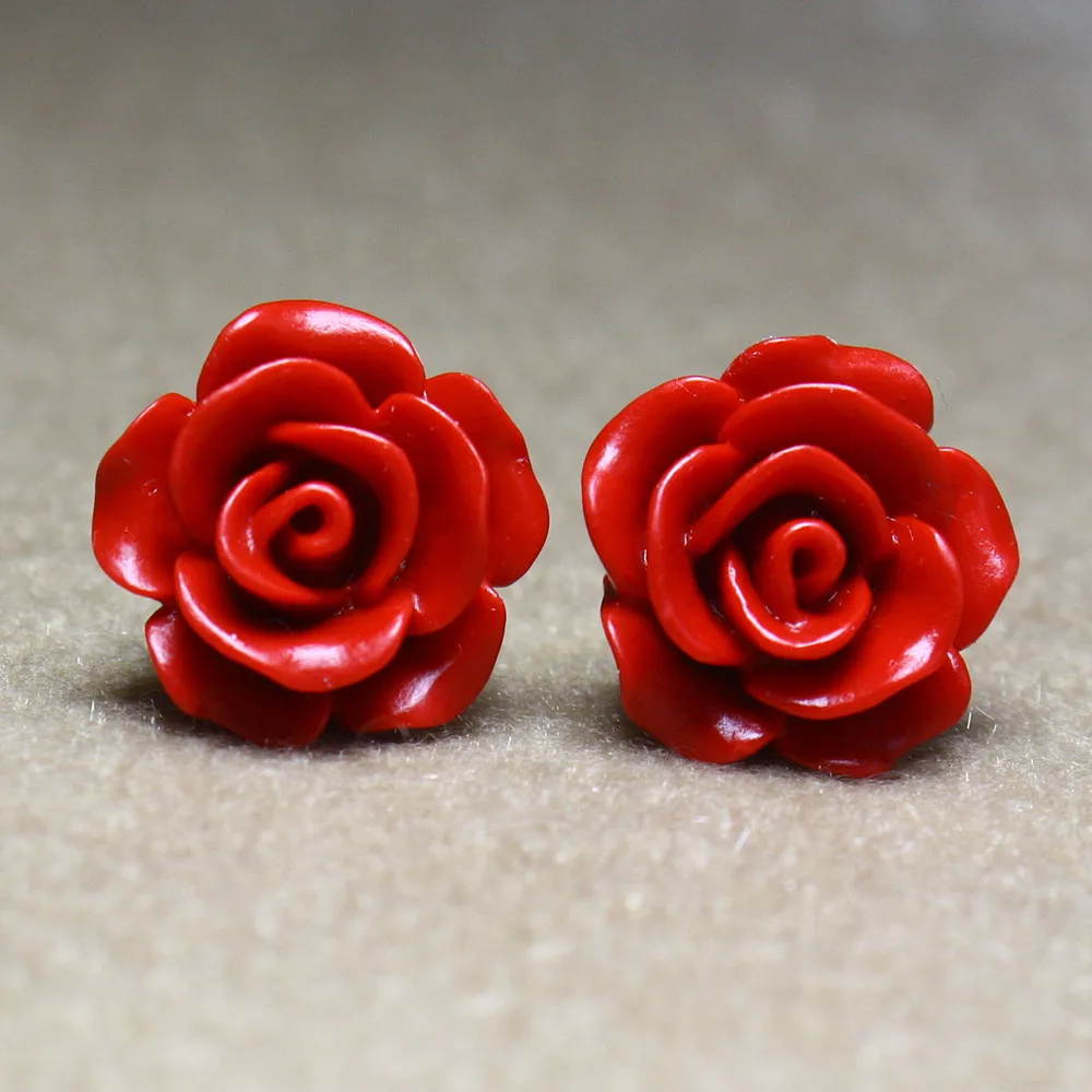 Red flower earrings Korean female retro rose lacquer For Women Silver