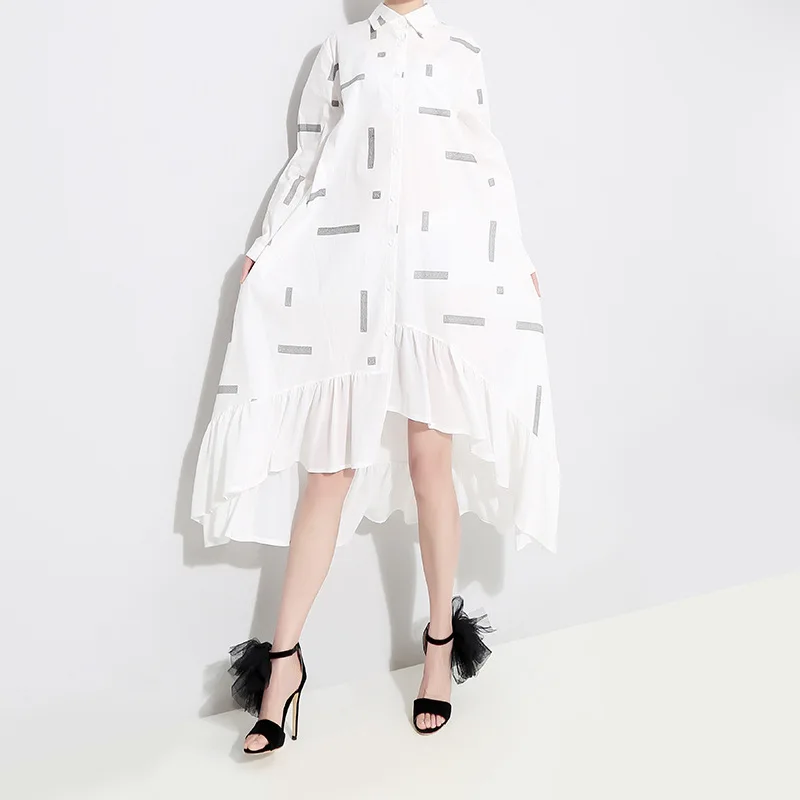 

Johnature Fashion Women Clothes 2019 Spring Patchwork Chiffon Ruffles Dress Women New Loose Streetwear Dresses White Black