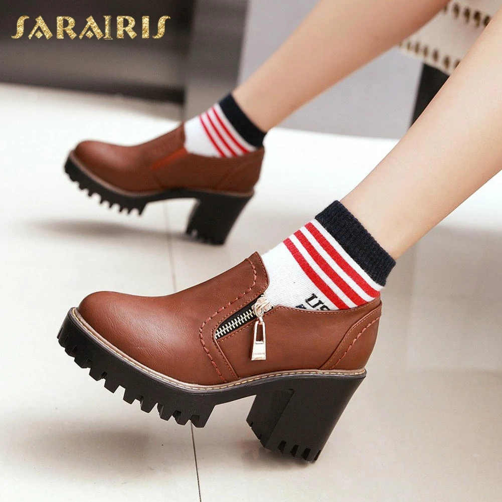 

SARAIRIS 2018 Hot Sale Solid Large Size 34-43 Chunky Heels Platform Ankle Boots Woman Boots Black Shoes Woman