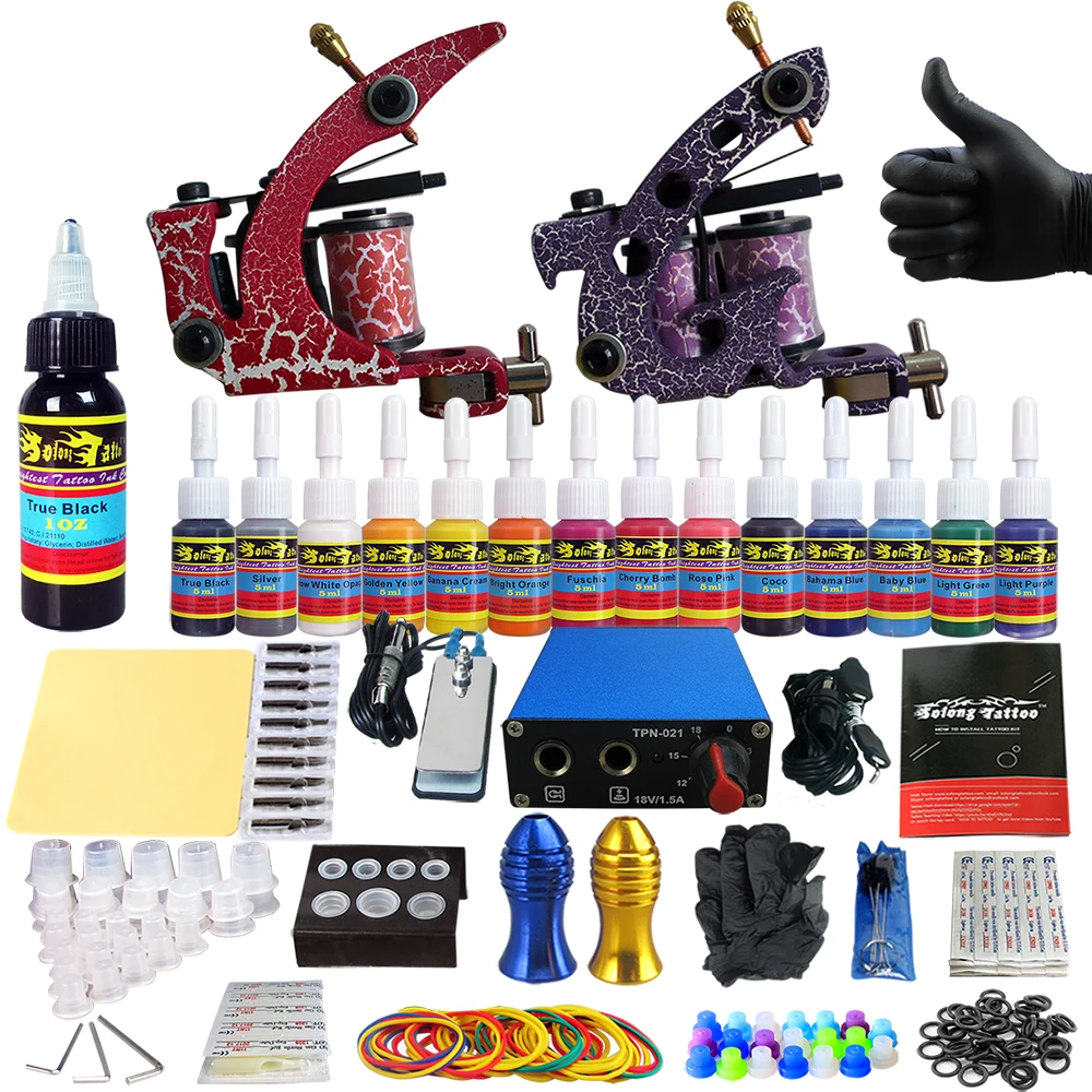 

Solong Tattoo Complete Tattoo Kits 2 Machine Gun Beginner Tattoo Set 14 Inks Needle Grips Foot Petal Power Supply TK203-39