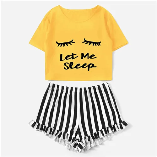 Dotfashion, графическая футболка и шорты в полоску с оборками, PJ набор, лето, Женская Повседневная бежевая ночная рубашка с круглым вырезом и коротким рукавом - Цвет: Цвет: желтый