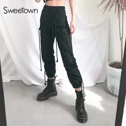 Sweetown Street Стиль Высокая талия женские брюки-карго Лето 2019 черный карман шнурок дизайн Pantalon Femme мотобрюки уличная