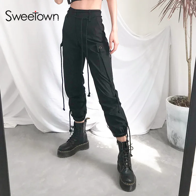 Billig Sweetown Straße Stil Hohe Taille Cargo Hosen Frauen Sommer 2019 Schwarz Tasche Kordelzug Design Pantalon Femme Hosen Streetwear