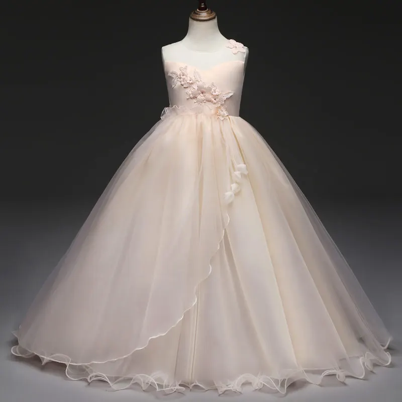 Детское платье с цветочным узором для девочек; Длина до пола; Пышное Платье для свадебной вечеринки; торжественное платье без рукавов для девочек; белое длинное платье из тюля с цветочным рисунком