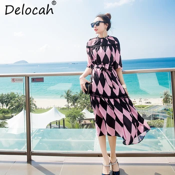 

Delocah New 2019 Women Summer Dress Runway Fashion Designer Half Sleeve Plaid print Lace splice Bow belt Vacation Midi Dresses